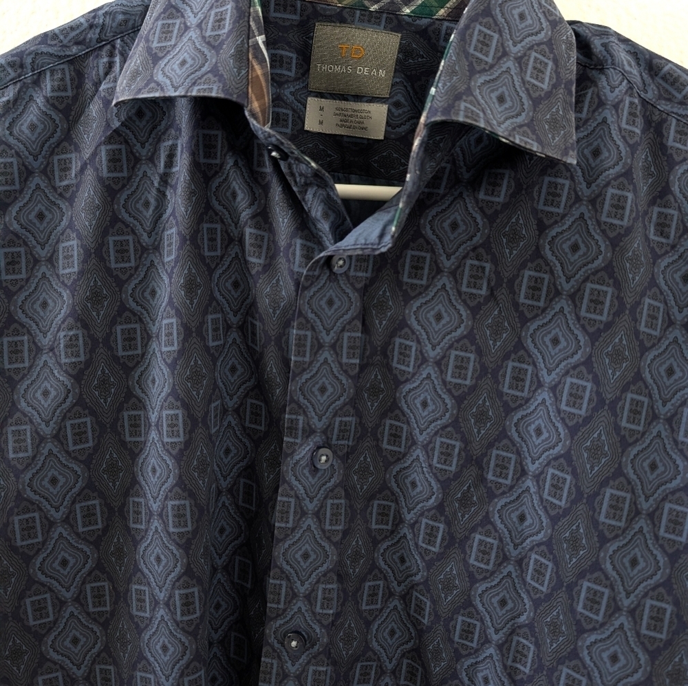 Thomas Dean Flip Cuff Dress Shirt Medium Blue Cotton Paisley Long Sleeve - Picture 3 of 7